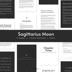 以下が含まれることがあります： 「Sagittarius Moon」というタイトルの31ページのデジタル電子書籍で、即時ダウンロードできます。表紙には、黒い背景に白い文字でタイトルが表示され、追加のテキストとグラフィックも含まれています。