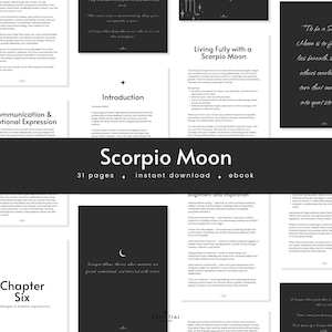 以下が含まれることがあります： 「Scorpio Moon」というタイトルが大きな白い文字で書かれたデジタル電子書籍の表紙で、「31ページ+即時ダウンロード+電子書籍」というサブタイトルが付いています。表紙は暗く、白い文字と三日月模様が描かれています。