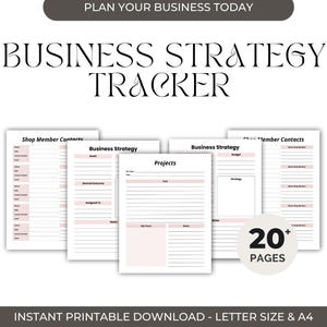 Könnte beinhalten: Ein druckbarer Business-Strategie-Tracker mit über 20 Seiten. Die Seiten umfassen Abschnitte für Shop-Mitgliedskontakte, Geschäftsstrategie, Projekte und Mitgliedskontakte. Die Seiten sind in einem minimalistischen Stil mit schwarzem Text und rosa Akzenten gestaltet.