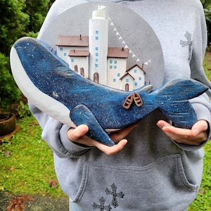 Wooden whale, wall art whale, whale wooden village, small cottage scene on whale