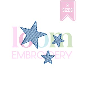 May include: Three blue denim-style star embroidery designs in varying sizes. The stars are outlined with a darker blue thread. A pink banner in the upper right corner reads "3 SIZES!". The word "EMBROIDERY" is below the stars.