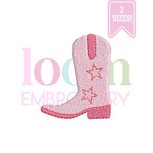 May include: A light pink embroidered cowboy boot with two star designs. The boot has a darker pink trim and heel. A pink banner in the upper right corner reads "3 SIZES!"
