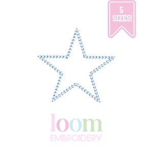 May include: A white background features a blue star outline with a stitched design. The image includes the text "loom EMBROIDERY" in pastel colors and a pink banner that reads "5 SIZES!"