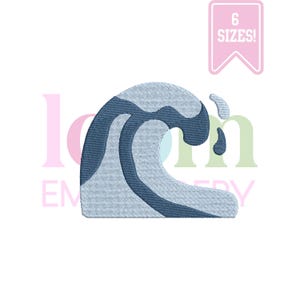 May include: Embroidered wave design in shades of blue and gray, with a splash of water. A pink banner in the upper right corner reads "6 SIZES!" The design is likely for embroidery or digital art projects.