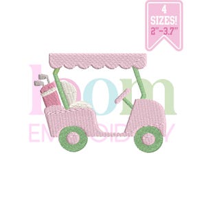 May include: An embroidery design of a light pink golf cart with light green accents, featuring a golf bag with clubs in the back. A pink banner in the top right corner displays the text 4 SIZES! 2"-3.7". The design has a scalloped roof.