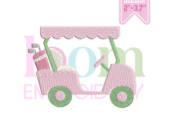 May include: An embroidery design of a light pink golf cart with light green accents, featuring a golf bag with clubs in the back. A pink banner in the top right corner displays the text 4 SIZES! 2"-3.7". The design has a scalloped roof.