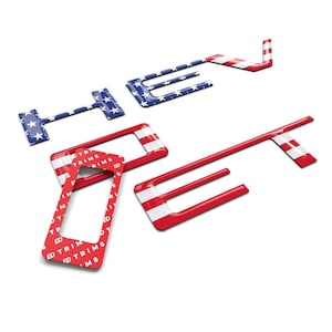 May include: A selection of car trim components in red, white, and blue, with designs inspired by the American flag. Some have star patterns, others stripes. One piece includes the text "ED TRIMS".