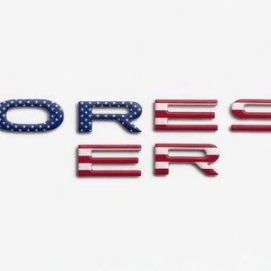 以下が含まれることがあります： 白い背景に「FORESTER」の文字が個別に表示されています。「F」、「O」、「R」の文字は白い星が入った青色で、「E」、「S」、「T」、「E」の文字は赤と白のストライプです。