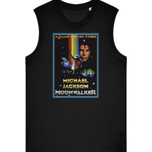 May include: Black sleeveless shirt with a graphic of Michael Jackson from the movie Moonwalker. The graphic features a rainbow and the text "A game like no other" and "Michael Jackson Moonwalker".