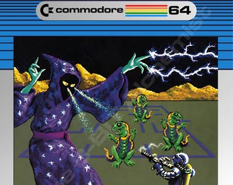 Può includere: Scatola di gioco Commodore 64 vintage per "Wizard of Wor". L'artwork presenta un mago in abito viola, creature verdi e un soldato futuristico. Il titolo del gioco è in arancione e giallo, con il logo Commodore e "64" ben visibili.