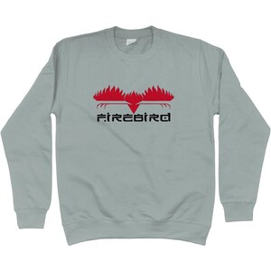 May include: A light gray sweatshirt with a red graphic of flames and the word "FIREBIRD" in black block letters. The sweatshirt has a crew neck and long sleeves. The design is centered on the chest.