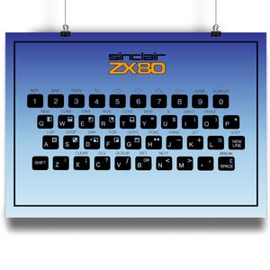 May include: Poster showing the keyboard layout of a Sinclair ZX80 computer. The design features black keys with white lettering and numbers, set against a blue gradient background. The Sinclair ZX80 logo is at the top.