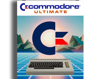 Könnte beinhalten: Poster mit einem Retro-Design mit einem beigefarbenen Computer mit Tastatur. Das Poster enthält das Commodore-Logo und den Text "ULTIMATE" über dem Computer. Die Worte "BASIC Beige" stehen unten, mit einem Raster- und Berg-Hintergrund.