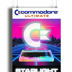 May include: Poster featuring a retro-style design with the Commodore logo and the word "ULTIMATE" in orange. A keyboard is at the bottom, with the word "STARLIGHT" below it. The background has a neon grid and a pink and purple gradient.