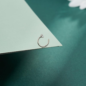 Peut inclure: Un anneau de nez argenté orné de trois petits pierres précieuses transparentes. L'anneau en forme de C est posé sur le coin d'un papier vert clair, sur un fond vert foncé. Une fleur blanche est visible en arrière-plan.