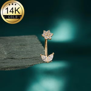 Or massif 14 carats CZ floral avec filetage intérieur Tour d'haltères incurvées/Bijoux pour sourcils/Barre d'haltères banane/1 pièces/boucle d'oreilles tour/piercing pour les sourcils
