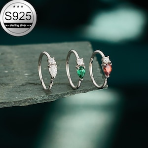 1 Piece S925 Sterling Silver 20G Teardrop CZ Nose Ring/Twisted Nose Ring/Open Hoop/Pull-Through Earrings/Nostril Piercing