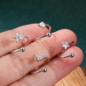16G スターリングシルバー CZ ハート/フラワー/スター/バタフライ スパイラル軟骨イヤリング/ヘリックスピアス/S字型コンクバーベル/スパイラルリップジュエリー/1個