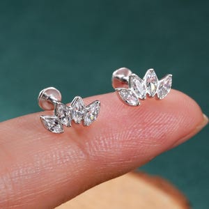 Sterling Silver Crown CZ Internally Threaded Labret Piercing/16G Flat Back Stud/Dainty Cartilage/Helix/ Conch Earring/Mini Climber Jewelry