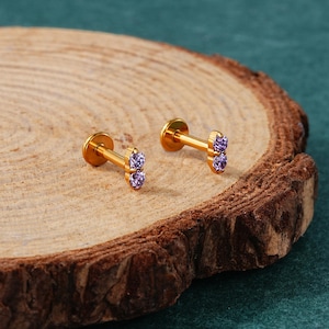 16G Purple Vertical CZ Labret Stud/Gold Threadless Push in/Cartilage/Inner Conch/Helix/Tragus/ Daith/Earlobe Earring/Flat Back Stud/1PCS/6mm