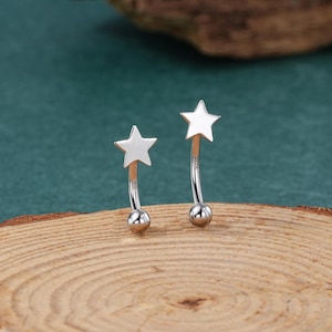 以下が含まれることがあります： 2つのシルバーカラーの眉ピアス。各ピアスは、上部に小さな五芒星、下部に小さなボールが付いています。湾曲したバーが星とボールを繋いでいます。木製の表面に展示されています。