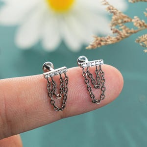 Titanium Double Chain Drape/Vertical Dangle CZ Helix piercing/Internal Threaded/Flat Back Stud/ Dainty Cartilage/Helix Chain Earring/1PCS