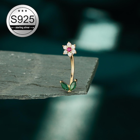 16G S925 Sterling Silver Floral Shape Gold Rook Earring/Curved Barbell/Eyebrow Ring/Vertical Labret/8mm Rook Bar/Gift for Her/1PCS