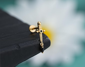 925 sterlingsilver guld svärd labret örhängen/invändigt gängade smycken/platt baksida örhängen/brosk örhängen/sabel helix piercing/1 st/presenter