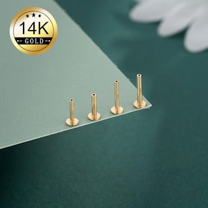 May include: Four gold-coloured stud earrings with flat backs are arranged in a row on a teal surface. The earrings have a small, round base and a long, thin post. A gold emblem with the text "14K GOLD" is in the upper left corner.
