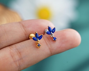 925 Sterling Silver Gold& Silver Lotus Labret Studs/Internally Threaded/Flower Flat Back Studs/Lapis Lazuli Earrings/Cartilage Piercing/1PCS