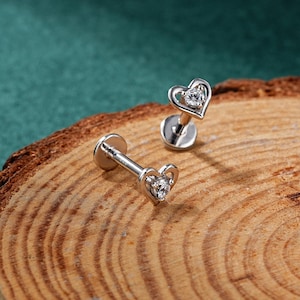 16G Sterling Silver Heart CZ Labret/Threadless Push in/Flat Back Stud/Cartilage Piercing/Conch/Forward Helix Earring/1PCS/Gift for Her