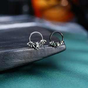 16G Silver & Black Bat Septum Hoops/10mm Nose Rings/Cartilage Earrings/Helix Clicker/Conch Hoop/ Gothic Nose Piercing/Halloween Jewelry/1PCS