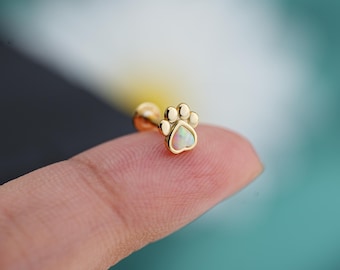925 Sterling Silver Opal Dog Paw Labret Studs/Internally Threaded/Flat Back Stud/16G Cartilage Earring/Cute Helix Piercing/1PCS/Gift For Her