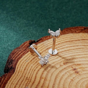 16G 8mm Sterling Silver Butterfly CZ Labret/Flat Back Stud/Internally Threaded/Cartilage/Helix/Conch Earring/Lip Piercing/Gift for Her/1PCS