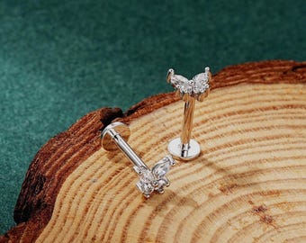 16G 8mm Sterling Silver Butterfly CZ Labret/Flat Back Stud/Internally Threaded/Cartilage/Helix/Conch Earring/Lip Piercing/Gift for Her/1PCS