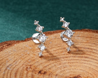 16G Sterling Silver Curved Climber CZ Labret/Internally Threaded/Flat Back Stud/Dainty Cartilage/Helix/Inner Conch Earring/Lip Piercing/1PCS