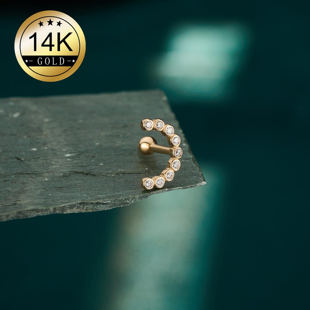 14K Solid Gold Ball End Curved CZ Hidden Helix Piercing/1pcs Screw Back ...