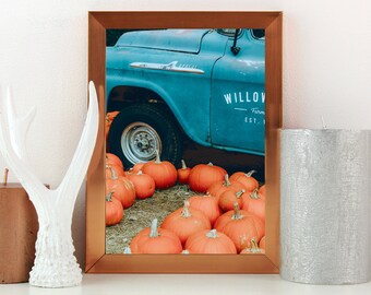 Vintage Old Blue Car Fall Print Country Pumpkin Print Farm Photo Wall Art Rustic Printable Farmhouse Poster Farm House Print Rustic Auto