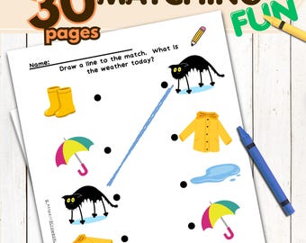 Folhas de atividades para crianças em idade pré-escolar - Pacote com 30 páginas de jogos de correspondência, jogo de sombras e livros de atividades para imprimir.