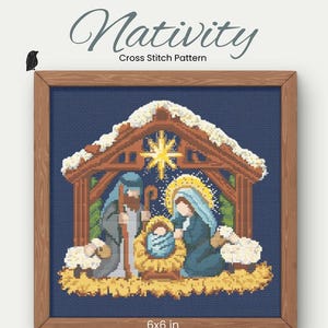 May include: A framed cross-stitch pattern of the Nativity scene, featuring Mary, Joseph, and baby Jesus in a manger. The design is 6x6 inches (15.24x15.24 cm) and includes text that reads "Nativity Cross Stitch Pattern".