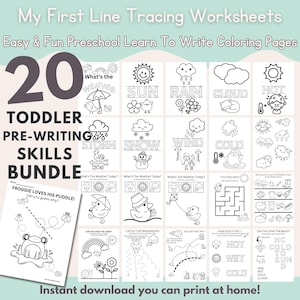 以下が含まれることがあります： 幼児向けの白黒印刷可能なワークシート20枚セット。ワークシートには、線を描く、点をつなぐ、単語を見つけるなど、天気に関するイラストとアクティビティが掲載されています。セットのタイトルは「幼児向け前書きスキルバンドル」です。