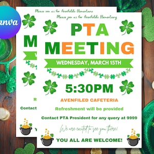 PTO PTA Meeting Flyer Editable Template for Back To School March Meeting
