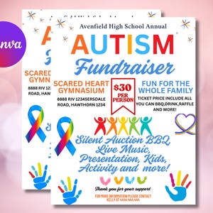 Editable Autism Awareness Fundraiser Event Flyer, Community Fundraising Event, Charity Health Kids Benefit Family Day CANVA Template Diy