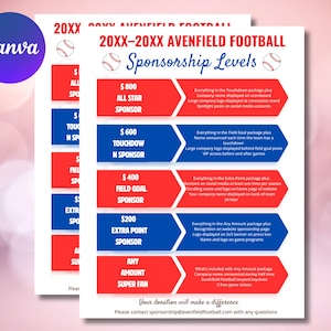 Baseball Sponsorship Levels Form Editable Template, Sponsor Menu, Canva
