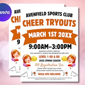 Editable Cheerleader Tryouts Flyer Canva Template, DIY Cheer Registration Printable