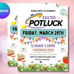 Editable Easter Potluck Invite, Spring Potluck Party Printable, Canva Template
