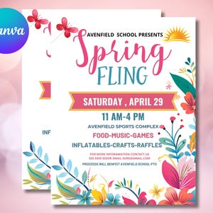 Spring Fling Flyer, Editable Spring Fling Festival Fundraiser Template, Canva