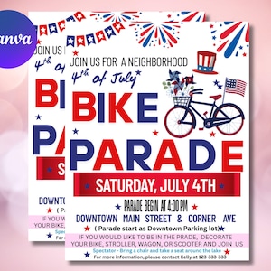 Modèle d'invitation à la parade du 4 juillet modifiable : célébration de la fête de quartier en vélo et tricycle en famille