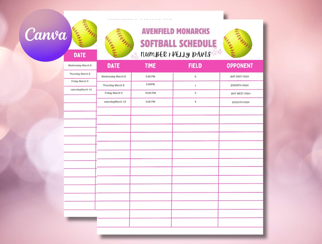 Editable Softball Schedule Template, Girls Softball Game Calendar ...