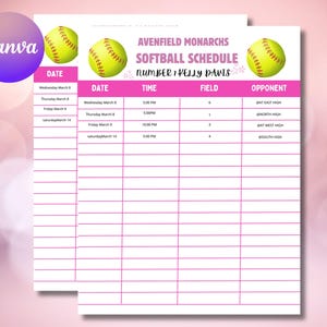 Editable Softball Schedule Template, Girls Softball Game Calendar, Canva